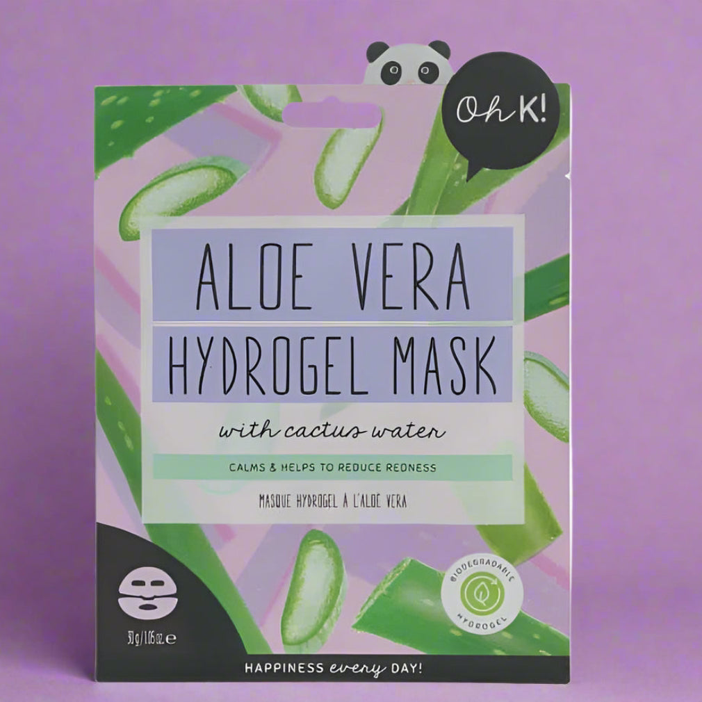 Aloe vera hydrogel mask packaging with cactus design on a white background