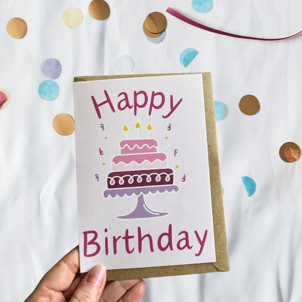 A hand holding a birthday card with 'Happy Birthday' text and a colorful cake illustration on it, presented against a white background with confetti scattered around.