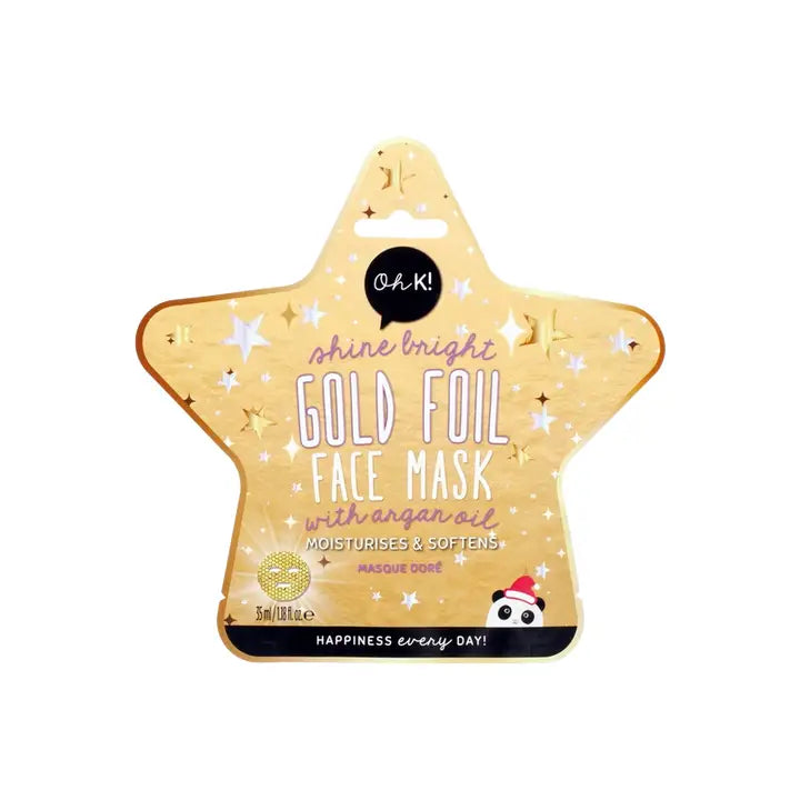 Star-shaped gold foil face mask with branding on a white background