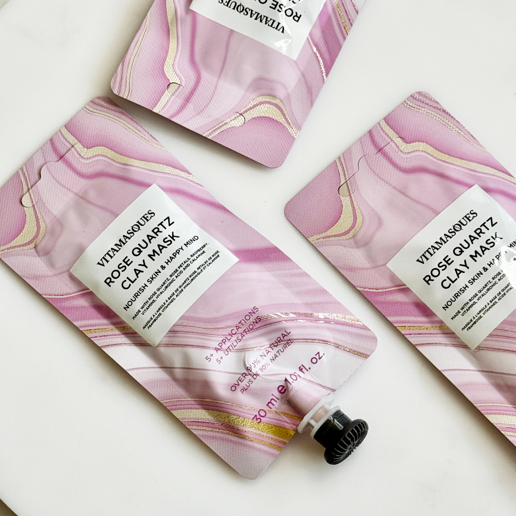 Vitamasques Rose Quartz Clay Mask packaging with marbled design on a white background