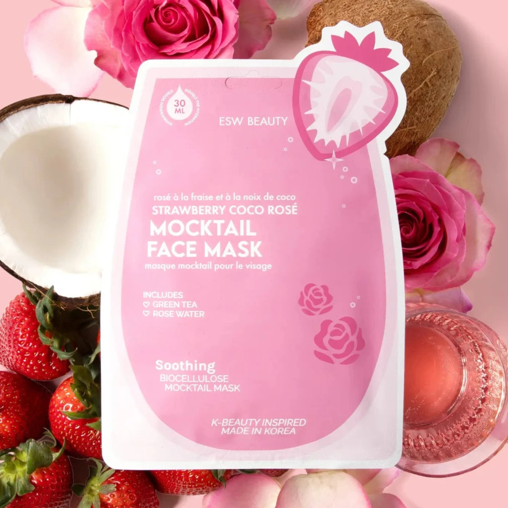 Strawberry Coco Rosé Mocktail Face Mask with strawberries, coconut, and roses on a pink background