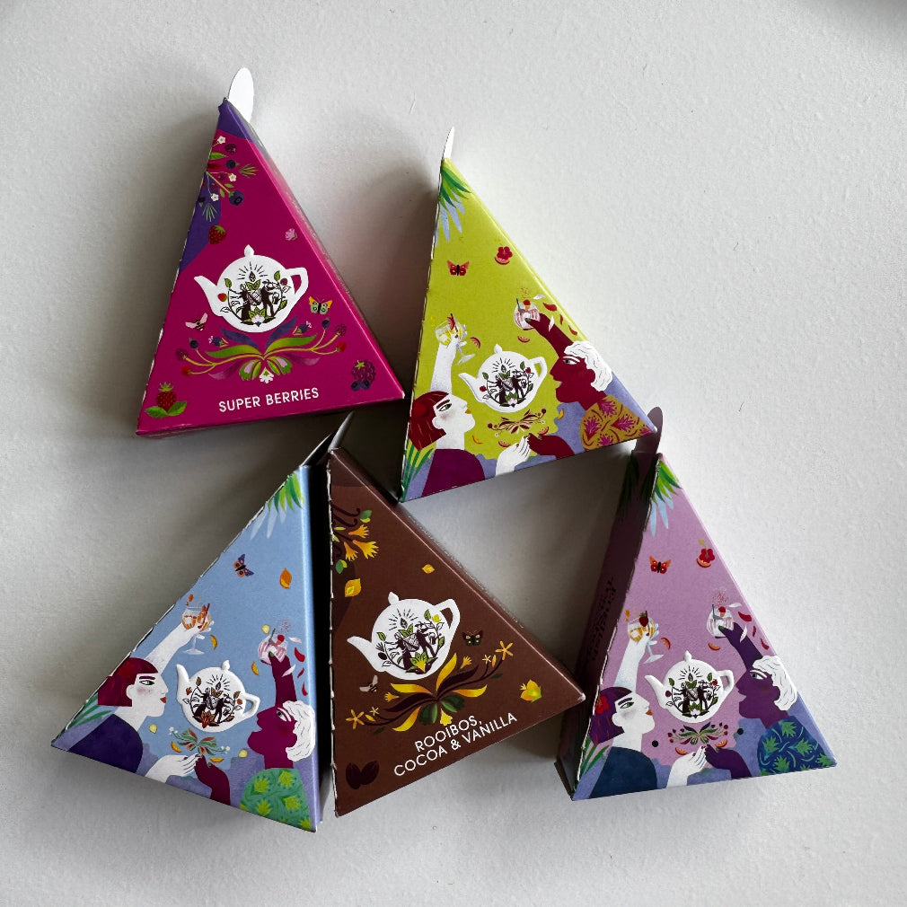 biodegradable pyramid tea bags packaged in multi coloured individual cardboard triangle