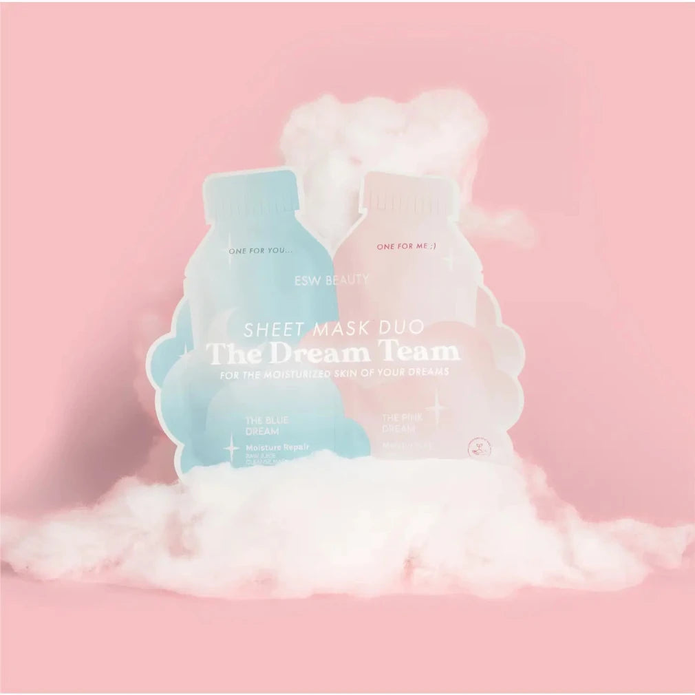 Sheet mask duo packaging with 'The Dream Team' text on a pink background
