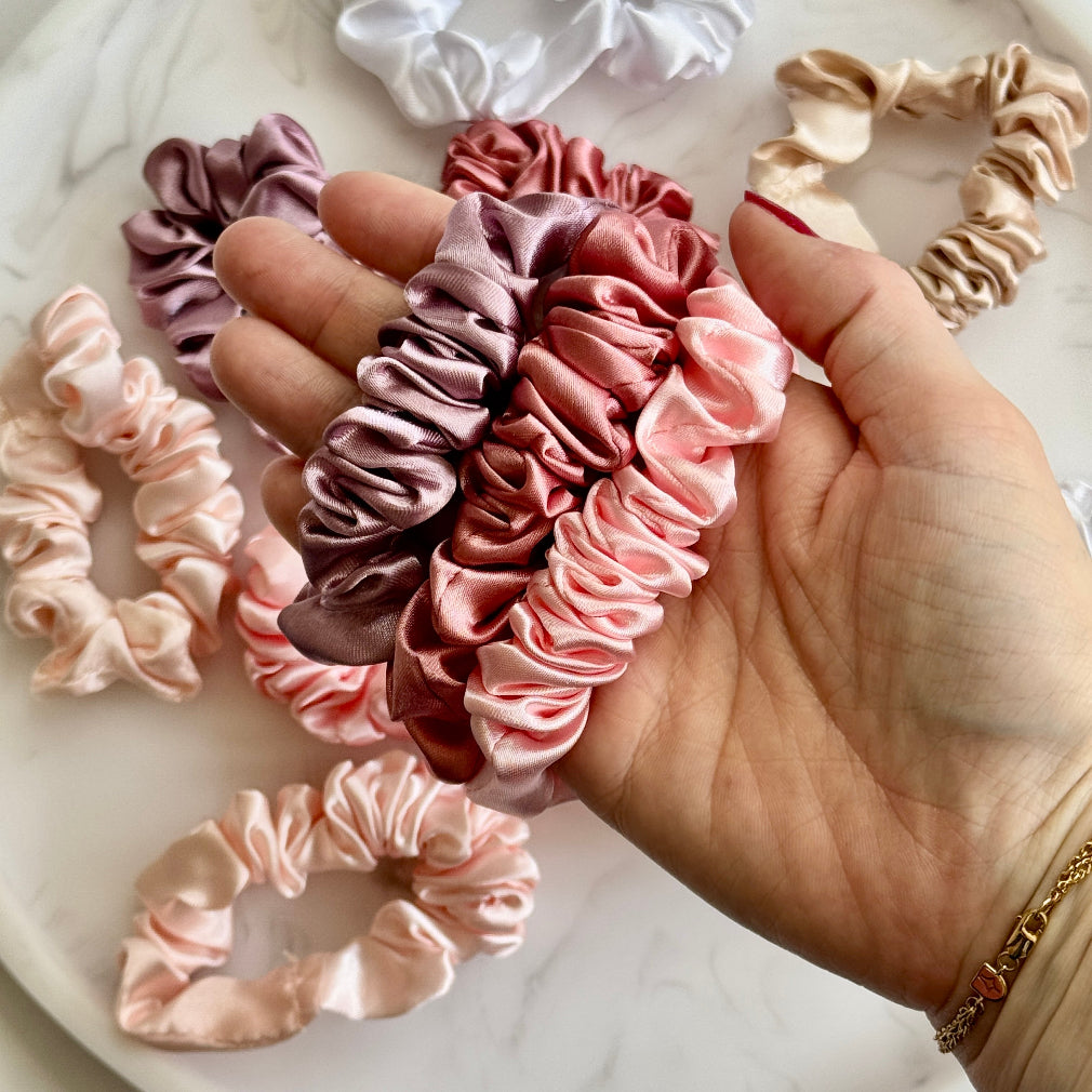set of 3 satin scrunchies, in shades of Lilac, Pink and Champagne