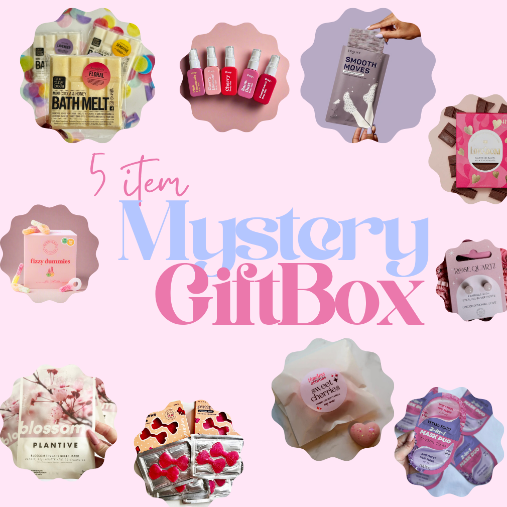 Collage of various beauty products with '5 Item Mystery Gift Box' text on a pink background.