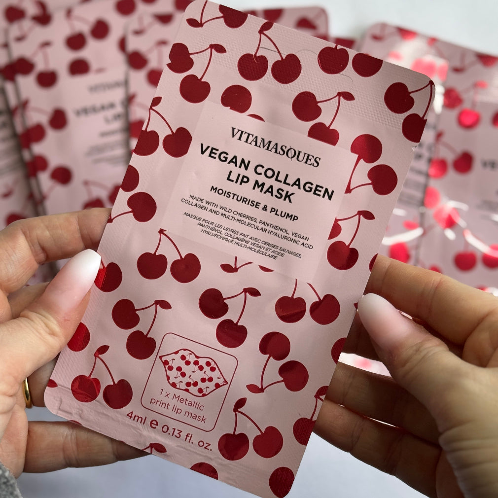 Cherry Vegan Collagen Lip Mask sachet. pink packaging with red cherries 