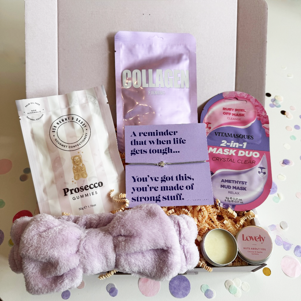 Assorted beauty and wellness products including gummies, masks, and a plush toy on a colorful background.