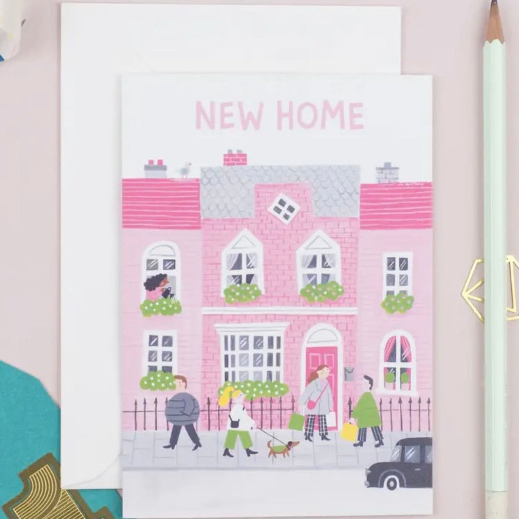 Illustration of a pink house with people and a dog, labeled 'NEW HOME', on a white background.