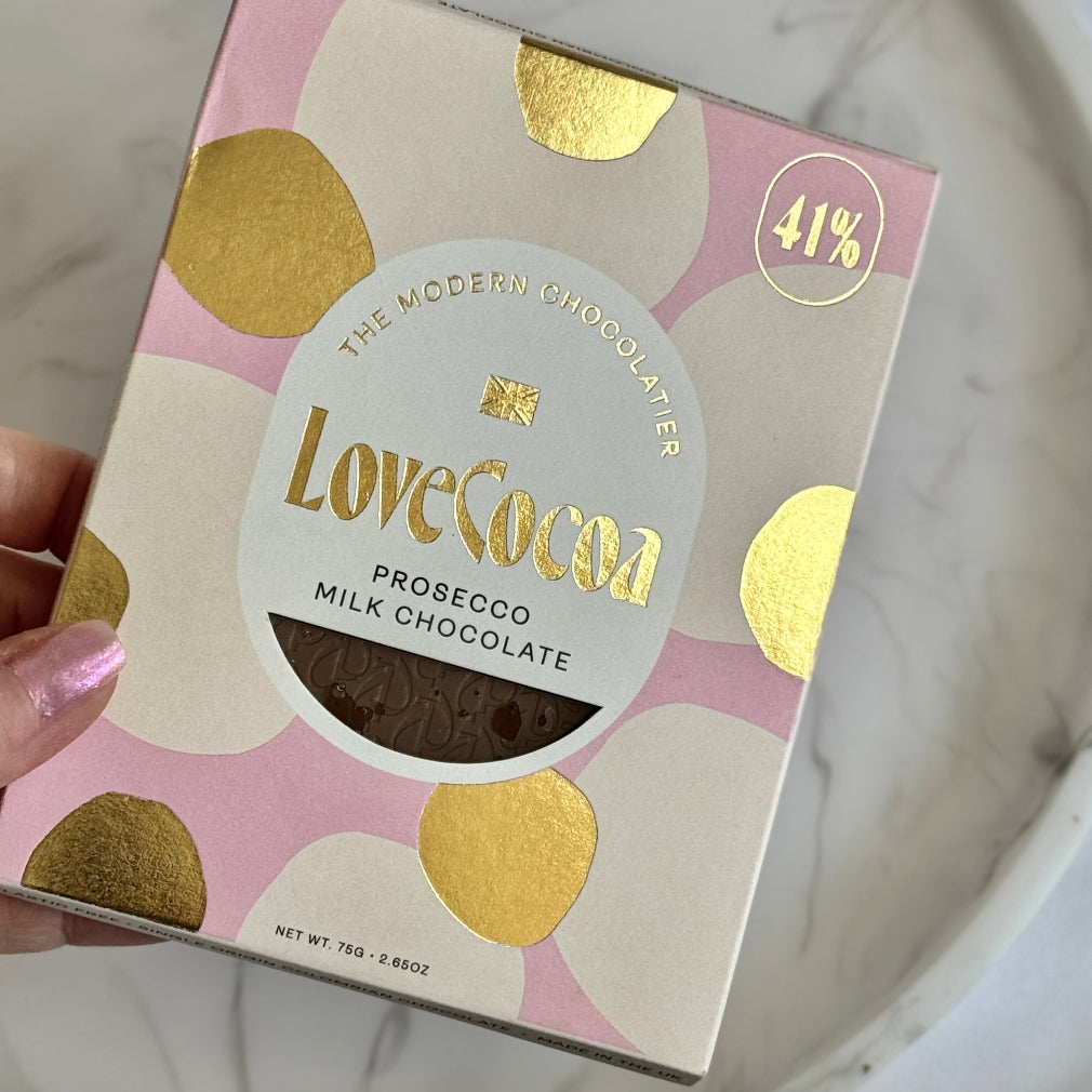 41% Prosecco milk chocolate in a pink cream and gold box