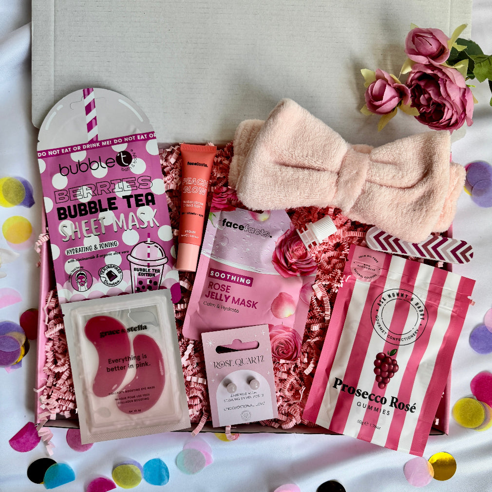 treatbox including skincare, edible treats and keepsakes with a themed note card good for gift for friends