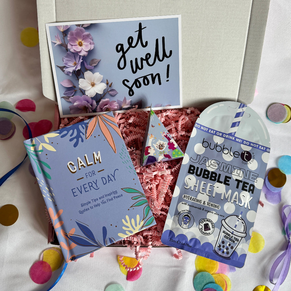 treatbox including skincare, edible treats and keepsakes with a themed note card get well