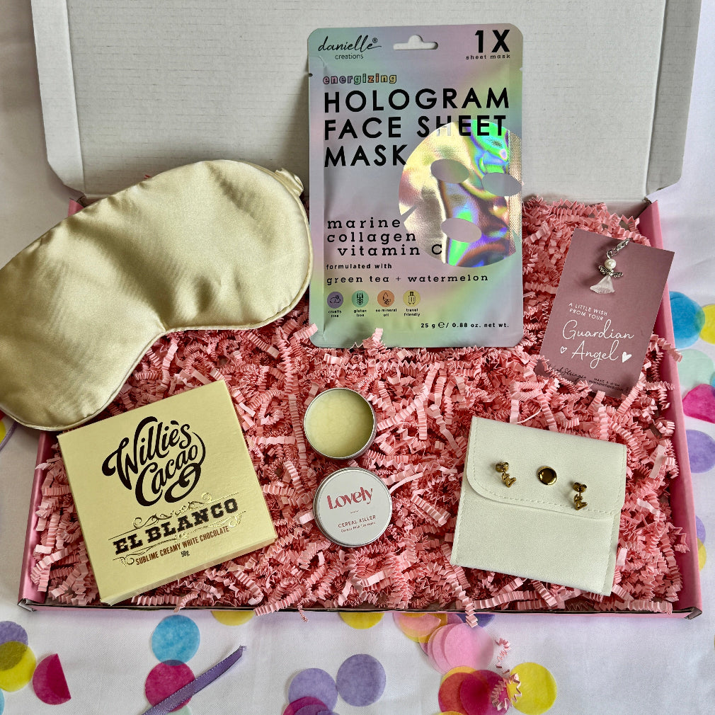 treatbox including skincare, edible treats and keepsakes with a themed note card