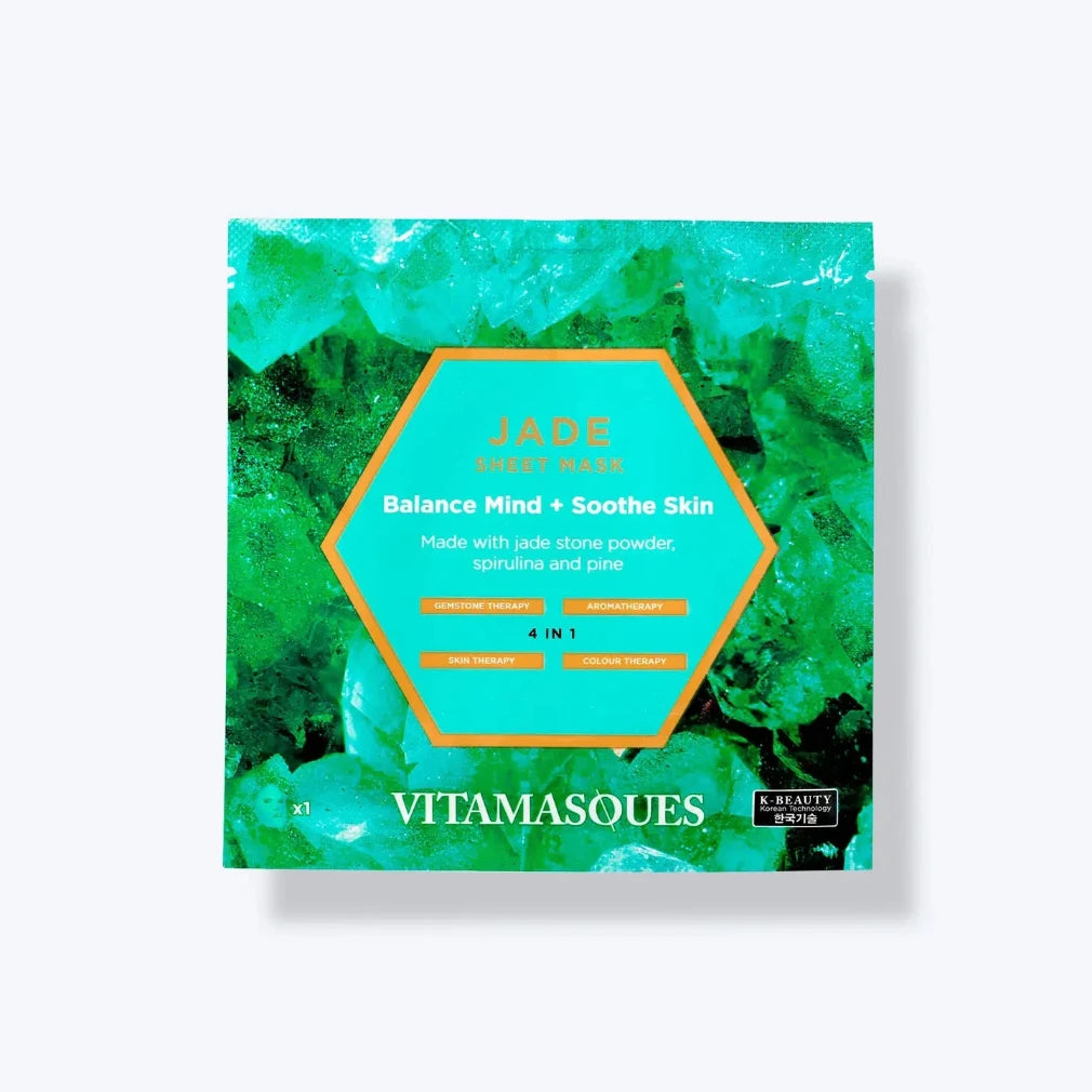 Vitamasques jade sheet mask packaging with green jade stones on a white background