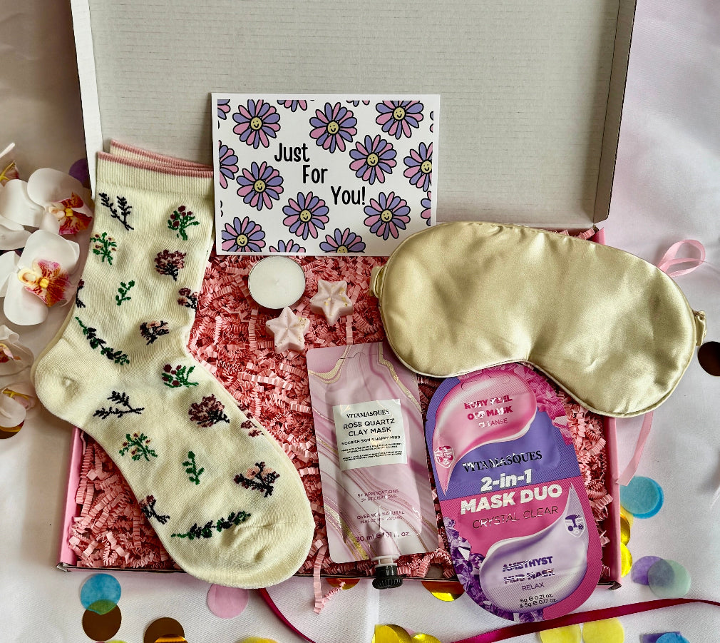 treatbox including skincare, edible treats and keepsakes with a themed note card just for you 