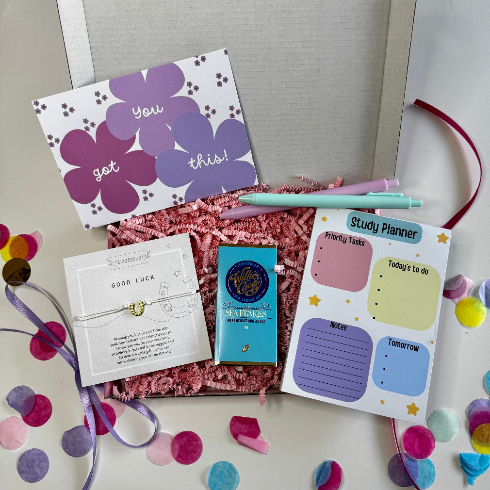 Mini study and good luck gift box with pastel study planner, pens, good luck bracelet, milk chocolate bar, and “You Got This” postcard on pink shred.