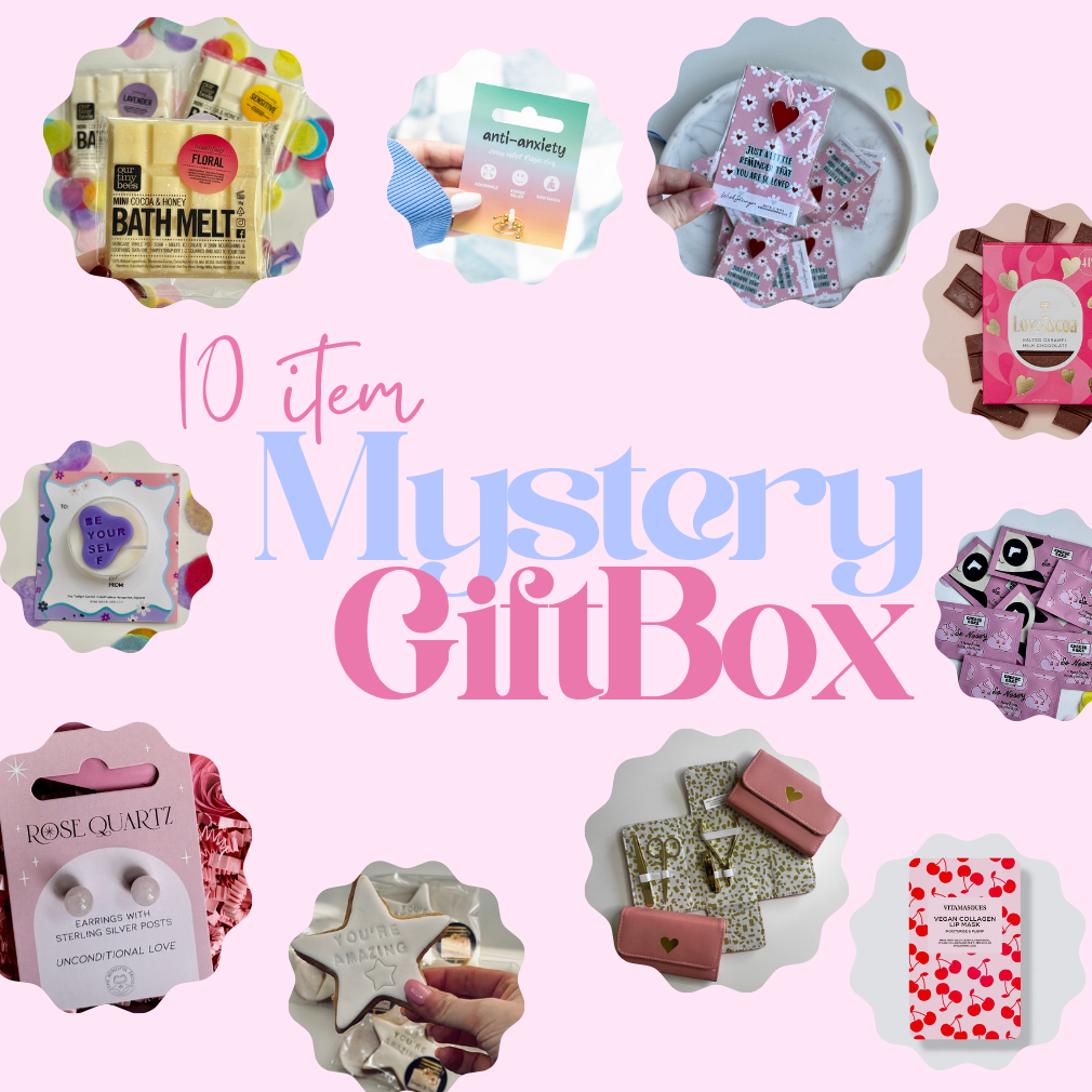 A picture showing examples of what could be inside a 10 item mystery gift box
